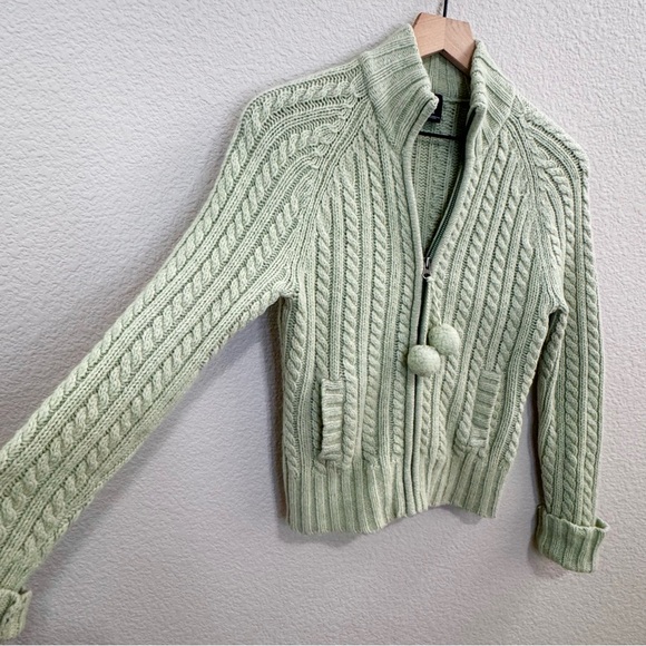 GAP Y2K Cable Knit Zip Up Sweater XS 100% Lambswool Sage Green Pom Pom Pockets - Picture 4 of 8